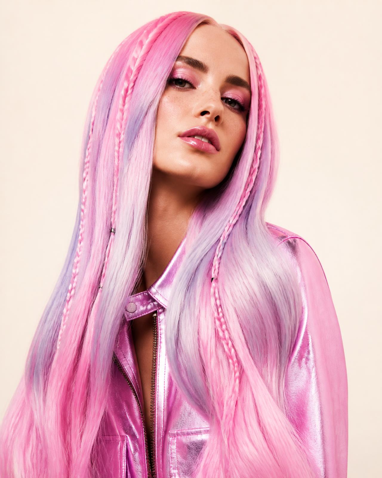 Model wearing long pink and lilac synthetic hair extensions